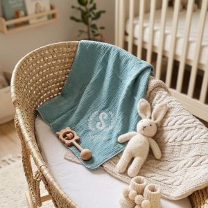 Lange bébé brodé avec le prénom et l'initial dans un décor de chambre bébé
