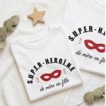 Tshirt coton blanc inscription super héroïne de mère en fille flocage rouge masque super héros