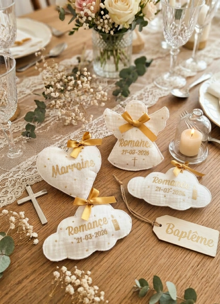 décoration de table thème baptême champêtre avec pochons à dragées personnalisés